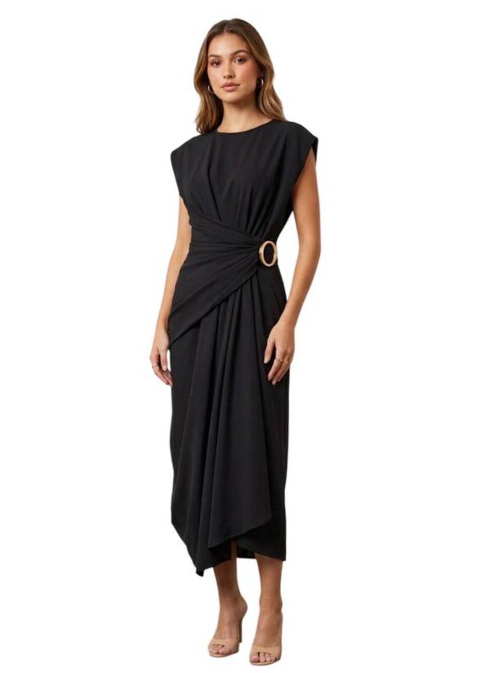 Mantu Gathered Waist Midi Dress w/ Gold Ring in Black 38 US 2